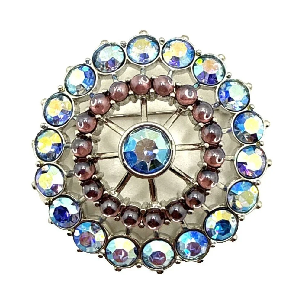 Vintage Blue Aurora Borealis Rhinestone Brooch Purple Moonstone Accents 2 1/8